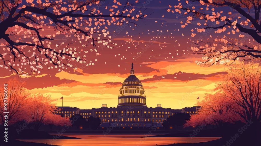 Obraz premium Stunning Sunset Over Capitol Building with Cherry Blossoms