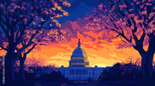 Colorful Sunset Over Capitol Building with Cherry Blossoms