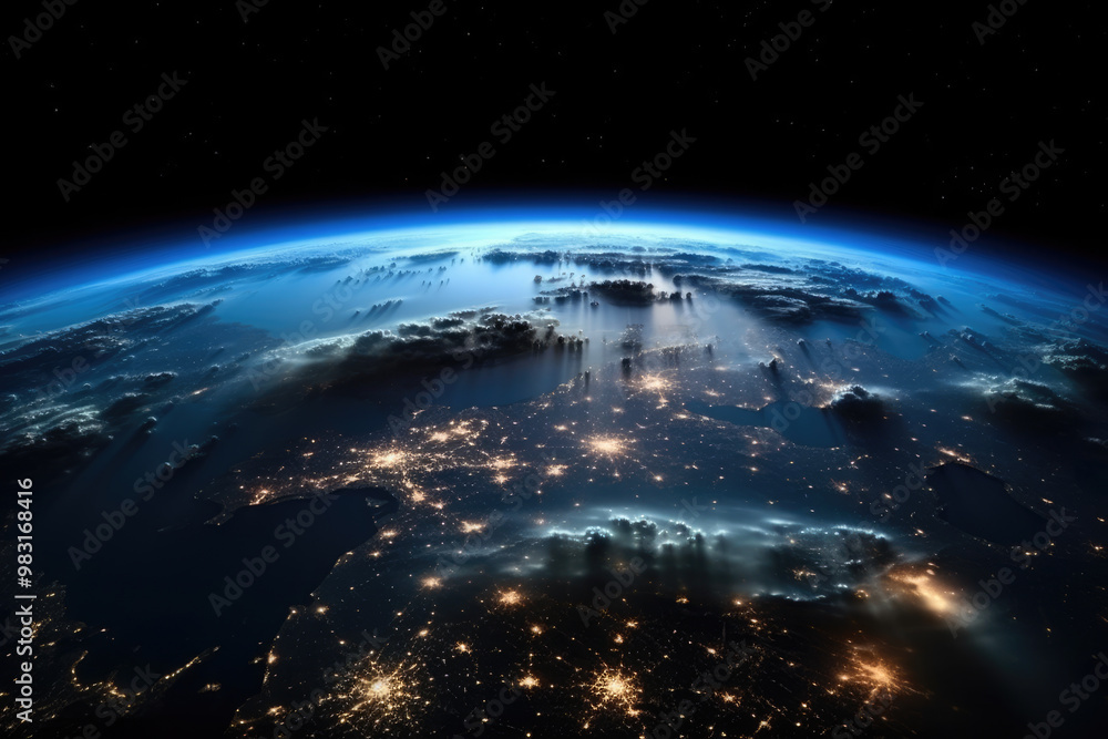 generated illustration of night view of Earth from space with city lights glowing. generated illustration of night view of Earth from space with city lights glowing.
