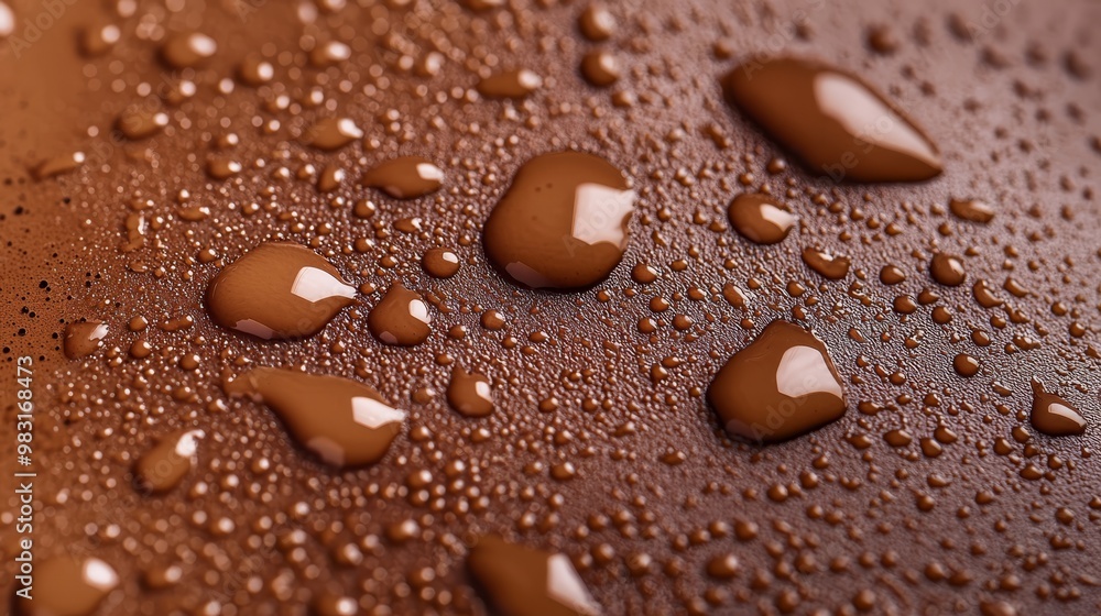  A group of brown water drops on a dark brown material surface, with small drops forming on its surface