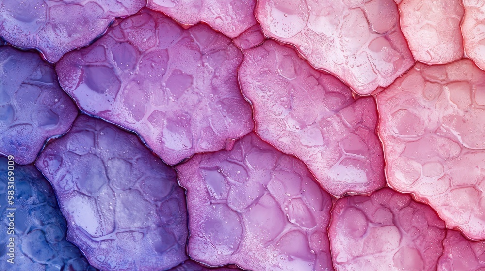 Obraz premium A close-up of a purple and blue background, adorned with water droplets at the bottom