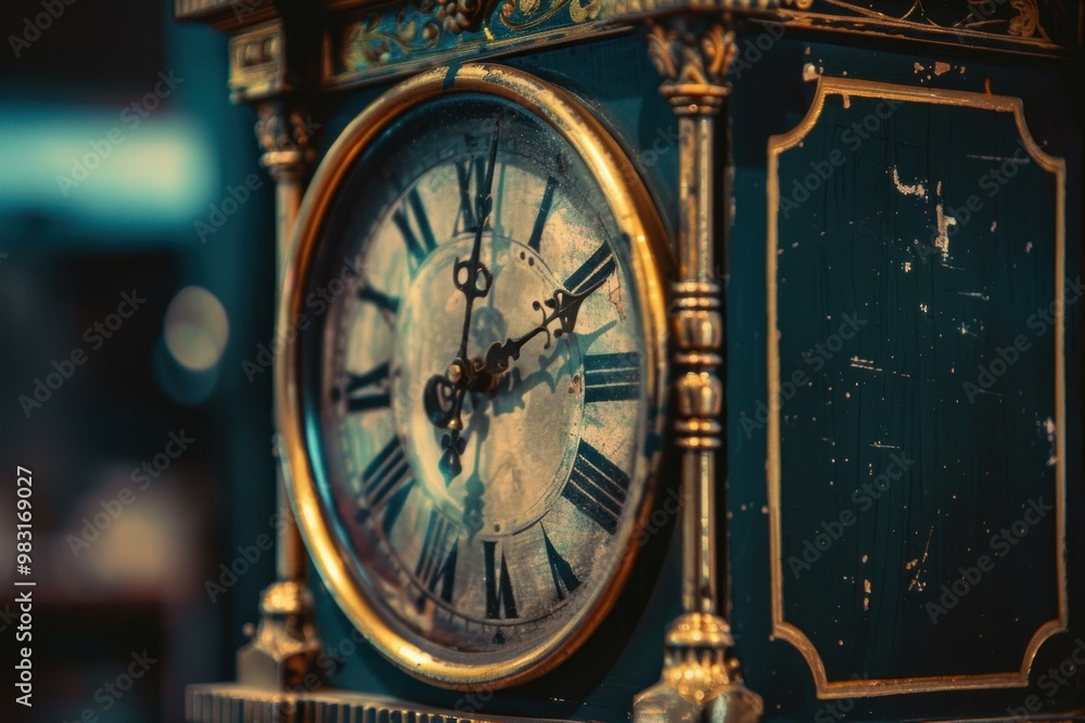 Fototapeta premium Antique clock showing the passage of time with roman numerals in a vintage interior