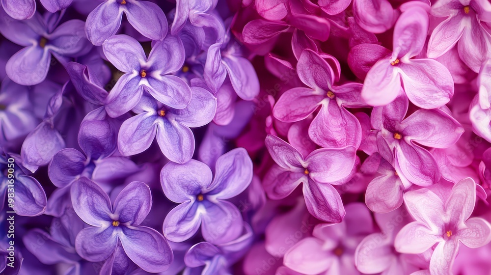 A tight shot of a bouquet, featuring purple and pink blossoms at its center, with lower flowers situated in the image's midsection A tight shot of a bouquet, featuring purple and pink blossoms at its center, with lower flowers situated in the image's midsection