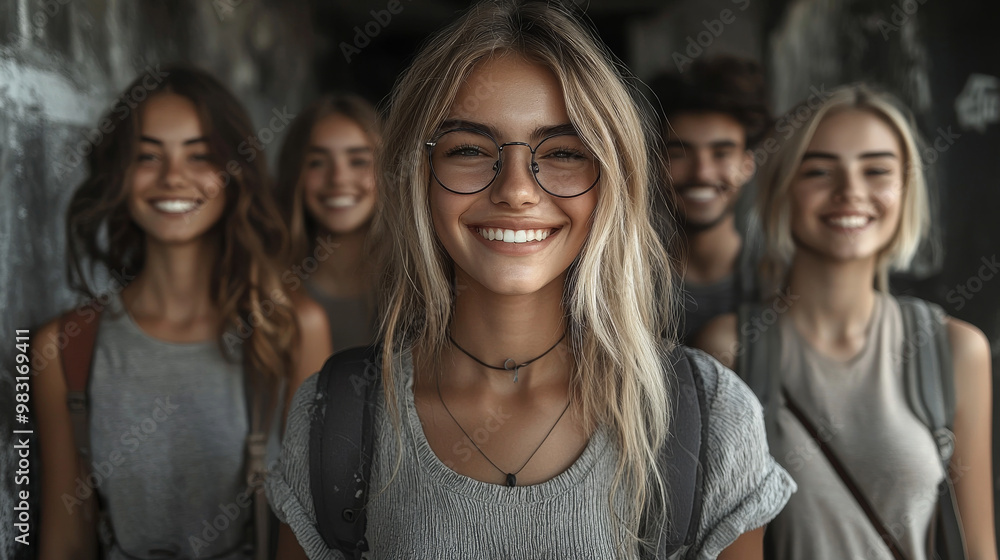 A group of young friends smile for the camera. A group of young friends smile for the camera.
