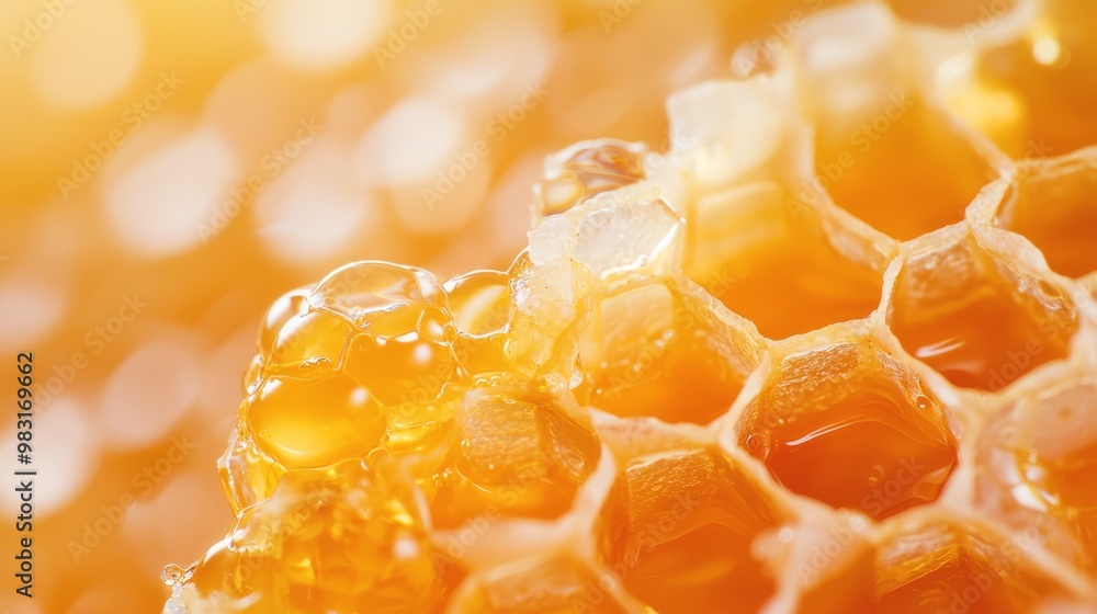 A tight shot of a honeycomb with dewdrops on its surface, both atop and below A tight shot of a honeycomb with dewdrops on its surface, both atop and below