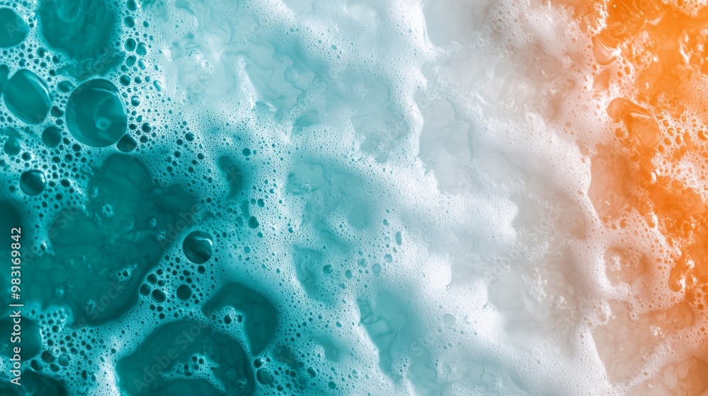 A tight shot of water bubbles on a surface against an backdrop of orange, white, blue, and green hues A tight shot of water bubbles on a surface against an backdrop of orange, white, blue, and green hues