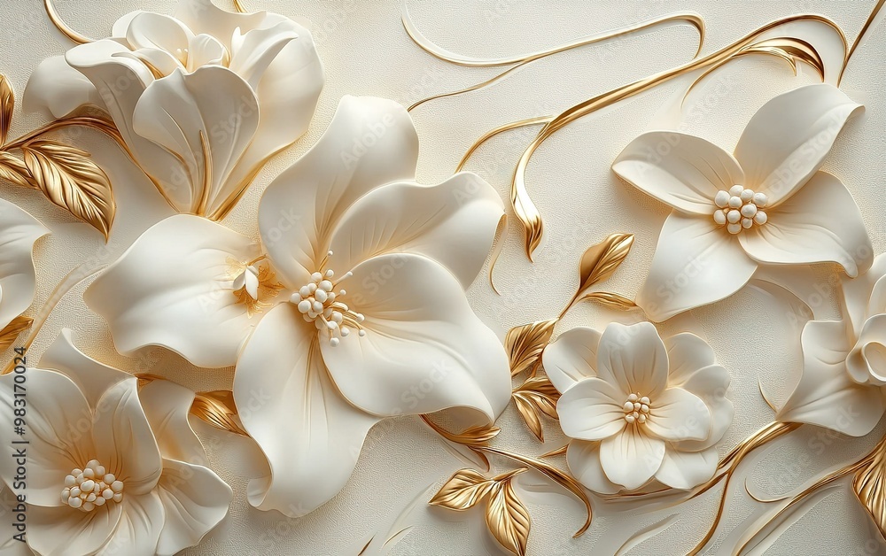 Elegant white and gold floral design featuring detailed blossoms and leaves on textured background Elegant white and gold floral design featuring detailed blossoms and leaves on textured background