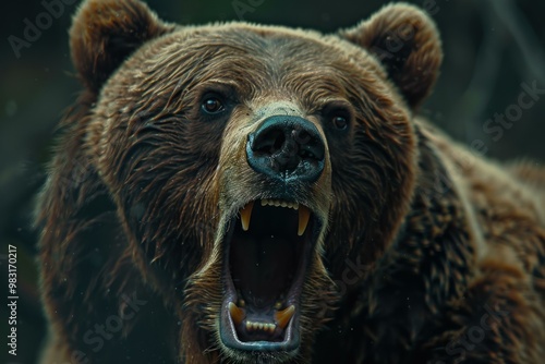 Large brown bear roaring aggressively, displaying its sharp teeth in a dense forest setting photo