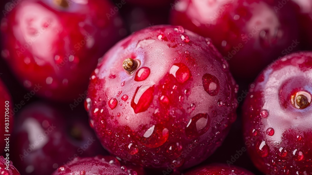  A tight shot of a cherries heap, adorned with dewdrops atop and base