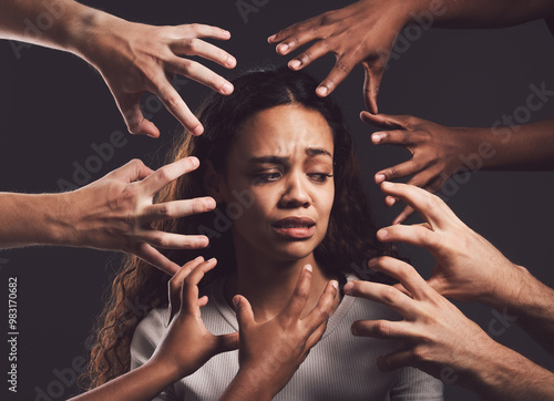 Woman, fear and paranoid with hands in anxiety, pain and mental health on dark background. Female person, bipolar disorder and emotional with crying for help, therapy and healing in grief or distress