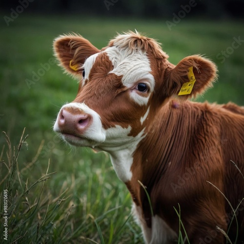Two young cows standing together in a green pasture.