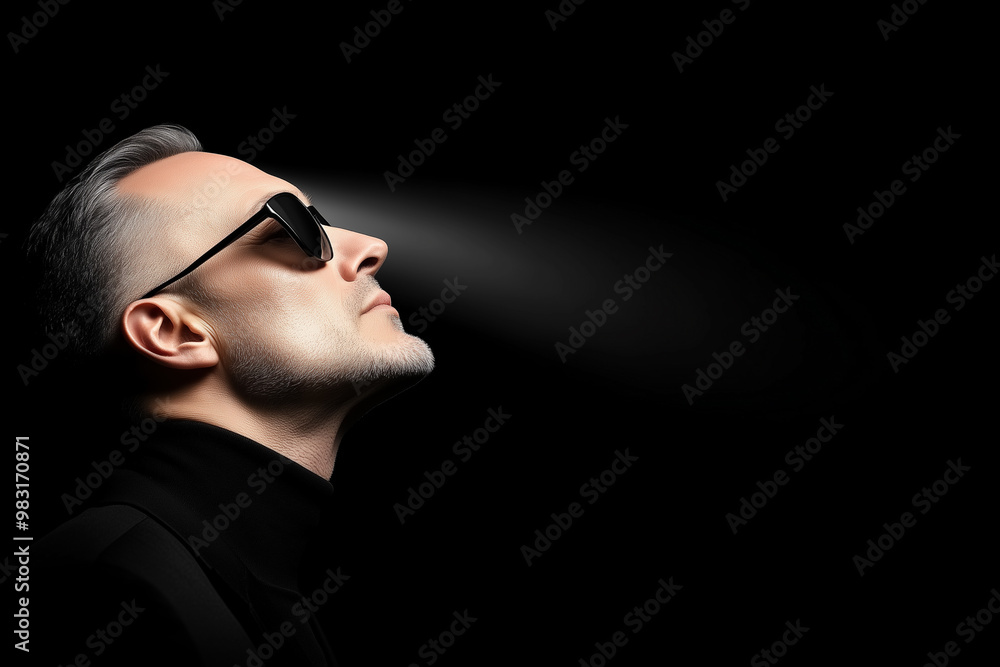 A man wearing sunglasses is looking at something in the distance. The image has a mood of mystery and intrigue A man wearing sunglasses is looking at something in the distance. The image has a mood of mystery and intrigue