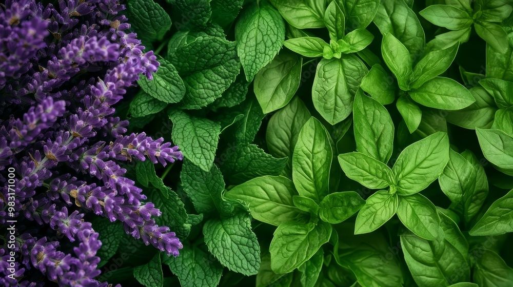 A tight shot of various plants with verdant leaves and purple blossoms, prominently featuring a solitary purple flower in the center A tight shot of various plants with verdant leaves and purple blossoms, prominently featuring a solitary purple flower in the center