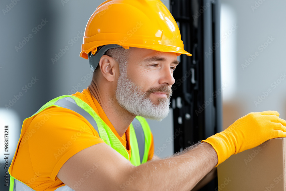 A man in a yellow shirt and orange vest is wearing a hard hat and is smiling. He is holding a box and he is in a warehouse A man in a yellow shirt and orange vest is wearing a hard hat and is smiling. He is holding a box and he is in a warehouse