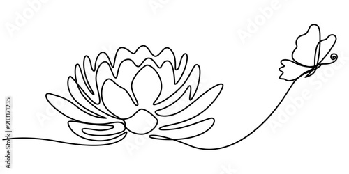 Flower lotus with butterfly in one continuous line drawing. Logo yoga studio and wellness spa salon concept in simple linear style. Water lily in editable stroke. Lotus flower and butterfly isolated