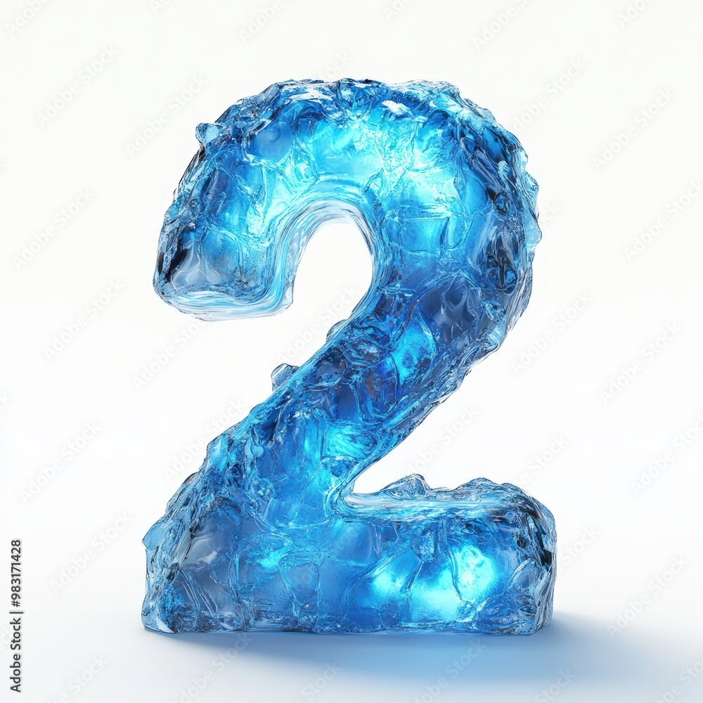 3D number 2 with blue ice texture realistic modern design, soft lighting, white background 3D number 2 with blue ice texture realistic modern design, soft lighting, white background
