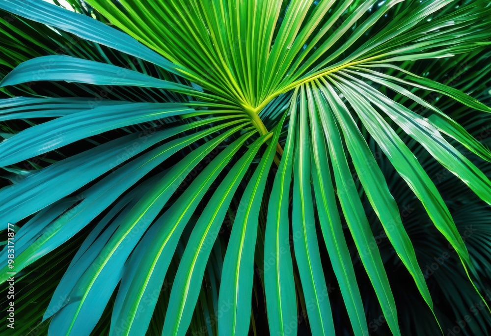 Obraz premium vibrant green palm leaves set strikingly bright blue background creating tropical paradise vibe, nature, foliage, plant, exotic, summer, texture, botanical
