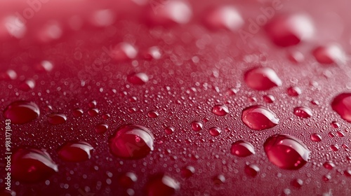  A tight shot of water droplets on a scarlet backdrop..With hues of red and pink in the surrounding scheme