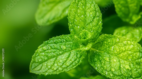  A tight shot of a green leaf, dotted with water droplets, against a softly blurred backdrop