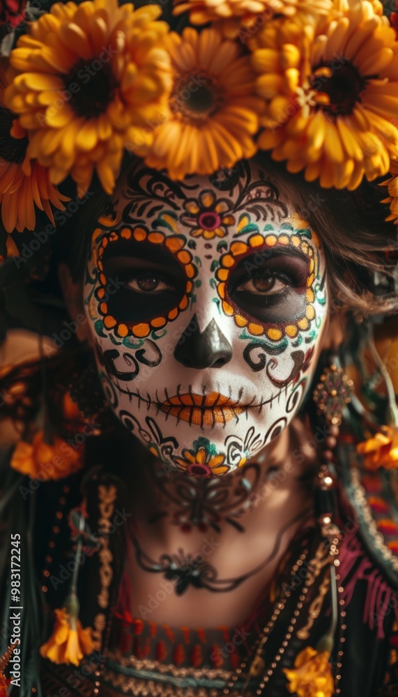 Colorful Day of the Dead Woman with Sugar Skull Makeup, Marigold Crown, and Traditional Mexican Costume Colorful Day of the Dead Woman with Sugar Skull Makeup, Marigold Crown, and Traditional Mexican Costume