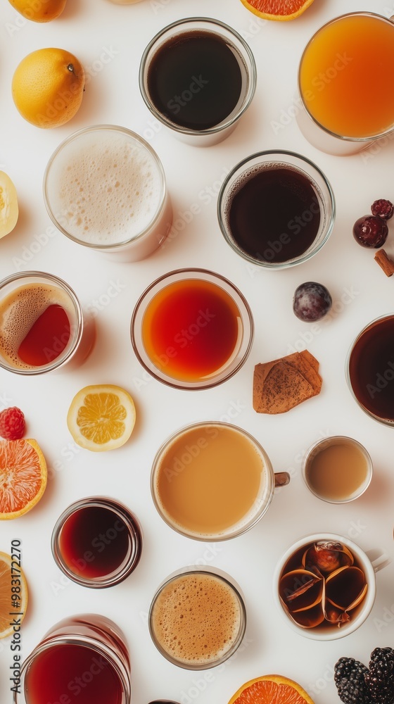 Flat lay of diverse beverages and fresh fruits arranged on a white background, showcasing vibrant colors and textures. Flat lay of diverse beverages and fresh fruits arranged on a white background, showcasing vibrant colors and textures.