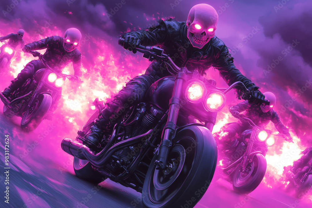 A chilling ride through blazing purple flames by spectral bikers at twilight in a surreal realm of mystery A chilling ride through blazing purple flames by spectral bikers at twilight in a surreal realm of mystery