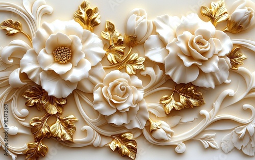 Elegant floral relief sculpture featuring white roses and golden leaves, highlighting craftsmanship and artistry in intricate design
