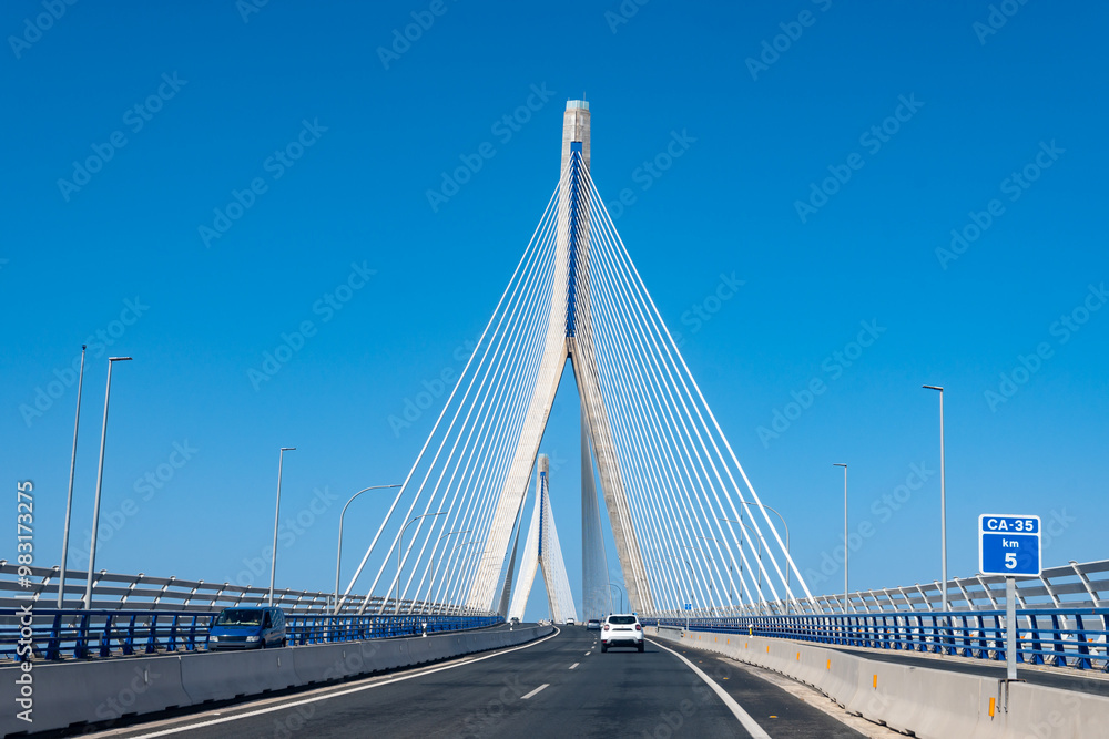 Fototapeta premium View on cable-stayed bridge with high pylons&nbsp;across the&nbsp;Bay of Cadiz, linking&nbsp;Cadiz&nbsp;with&nbsp;Puerto Real&nbsp;in mainland Spain