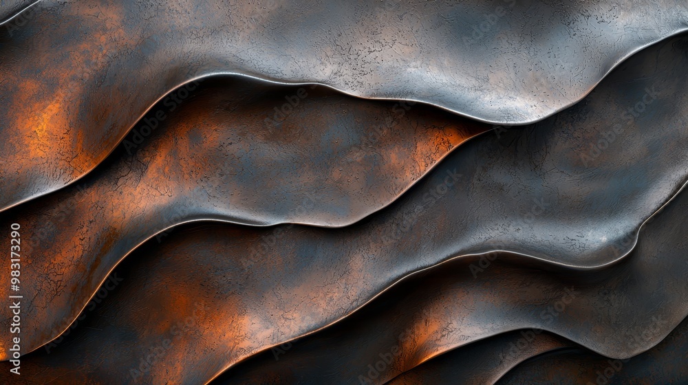 A metal surface with an intricate wavy pattern on the exterior, revealing a rust-hued interior beneath A metal surface with an intricate wavy pattern on the exterior, revealing a rust-hued interior beneath