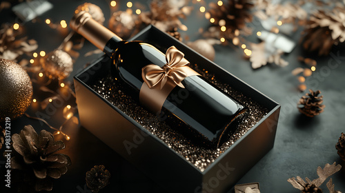 Luxury Wine Gift Box with Holiday Decorations. Luxury wine bottle, elegant black gift box, holiday decorations, celebratory atmosphere. gifting  holiday season.