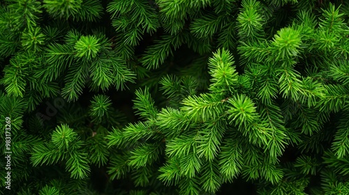  A tight shot of a pine tree, brimming with dense green needles covering its branches, and abundantly populating their tips