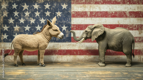 The spirited debate between the donkey and the elephant symbolizing American political dynamics on a vintage backdrop