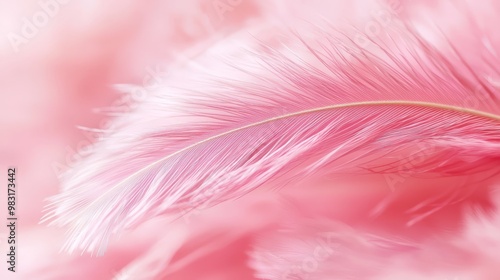  A tight shot of a pink feather against a soft, blurred backdrop of pink and white, with a golden tip