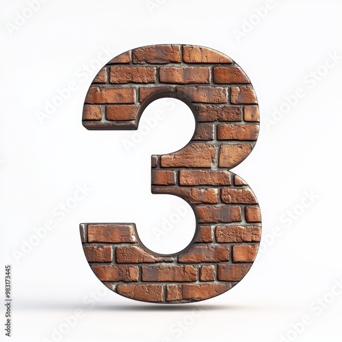 3D number 3 with brick texture realistic modern design, soft lighting, white background. 