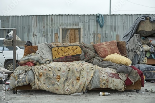 Abandoned Sofa in Urban Area with Old Blankets and Pillows against Rusty Metal Building photo