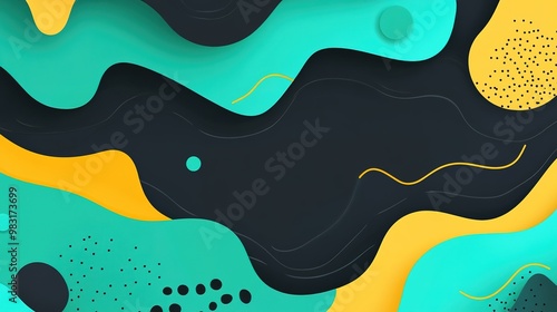 Colorful abstract shapes with flowing curves and patterns in teal, yellow, and black on a dark background