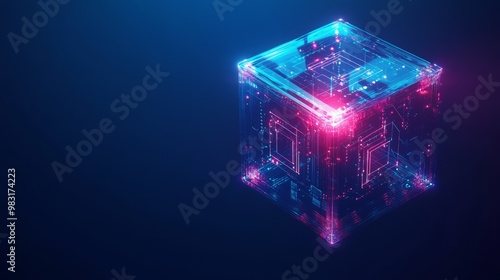 Futuristic Digital Cube with Neon Lights and Circuitry