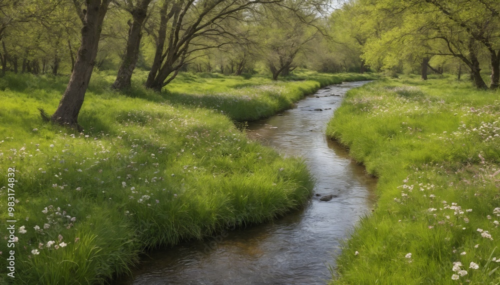 A winding stream flows gently through a lush green forest adorned with blooming wildflowers in early spring A winding stream flows gently through a lush green forest adorned with blooming wildflowers in early spring