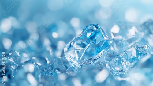  A blue diamond, focused closely, against a blue backdrop Foreground features a softly blurred diamond image