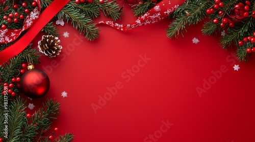 With snowflakes falling gently on a bright red background, this décor features ornaments and greenery in red and green