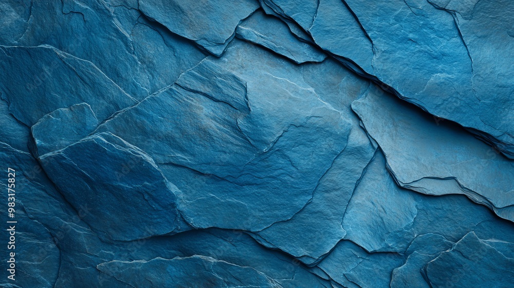 Fototapeta premium Close-up of textured rock wall with blue patterned surface, featuring a distinct central crack