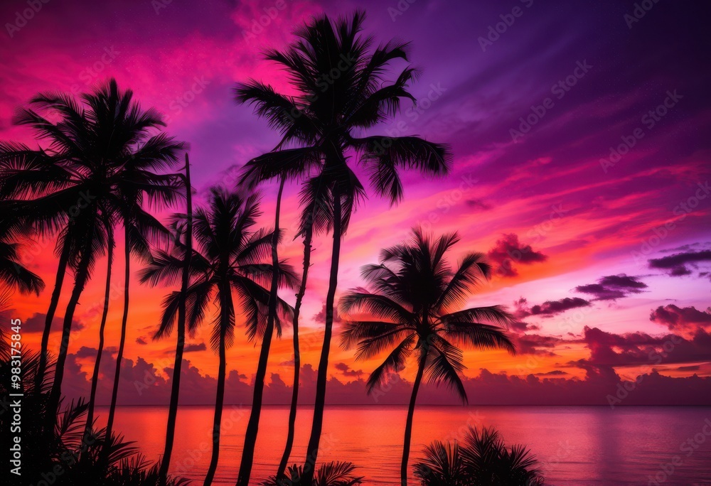 silhouettes tropical palms framed vibrant sunset rich hues purple creating stunning natural scene, orange, pink, sky, tree, landscape, evening, clouds, light silhouettes tropical palms framed vibrant sunset rich hues purple creating stunning natural scene, orange, pink, sky, tree, landscape, evening, clouds, light