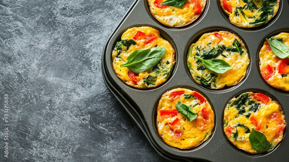 Egg muffins with spinach, bell peppers, and cheese, served in a baking tin, isolated on a matte gray background Egg muffins with spinach, bell peppers, and cheese, served in a baking tin, isolated on a matte gray background