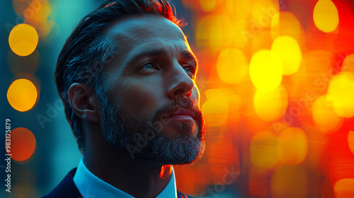 Man in a suit looking up with a hopeful expression. photo