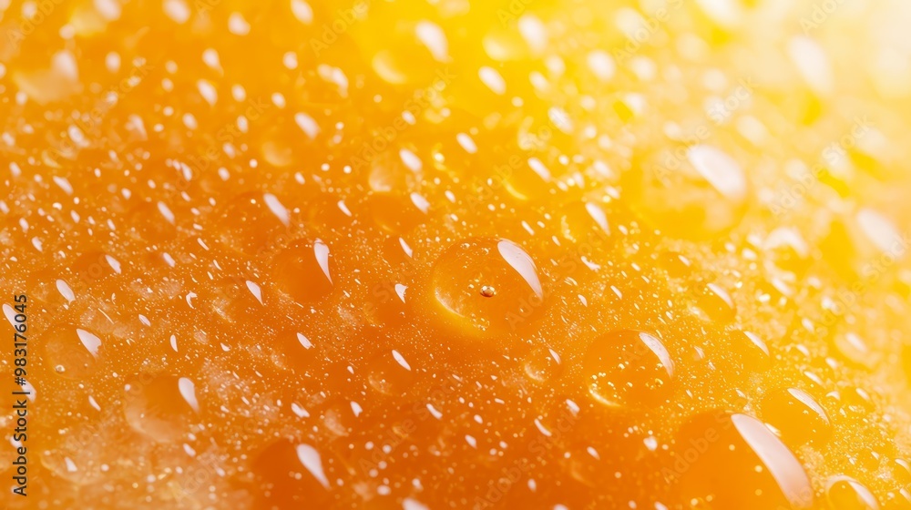 A tight shot of water droplets on a yellow-green surface, backdrop softly blurred with a glowing, indistinct light A tight shot of water droplets on a yellow-green surface, backdrop softly blurred with a glowing, indistinct light