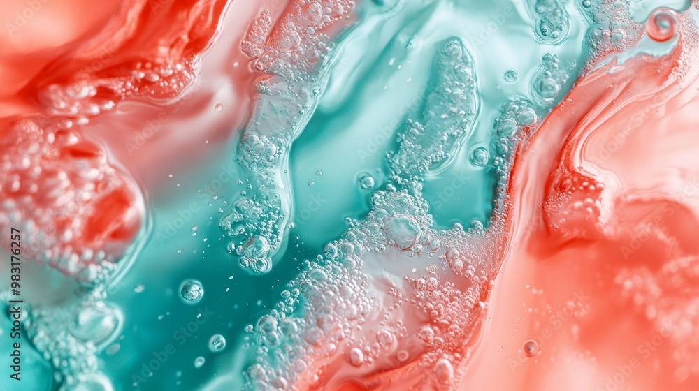 Obraz premium A tight shot of water bubbles on a red and teal mosaic, featuring a pink and blue color palette