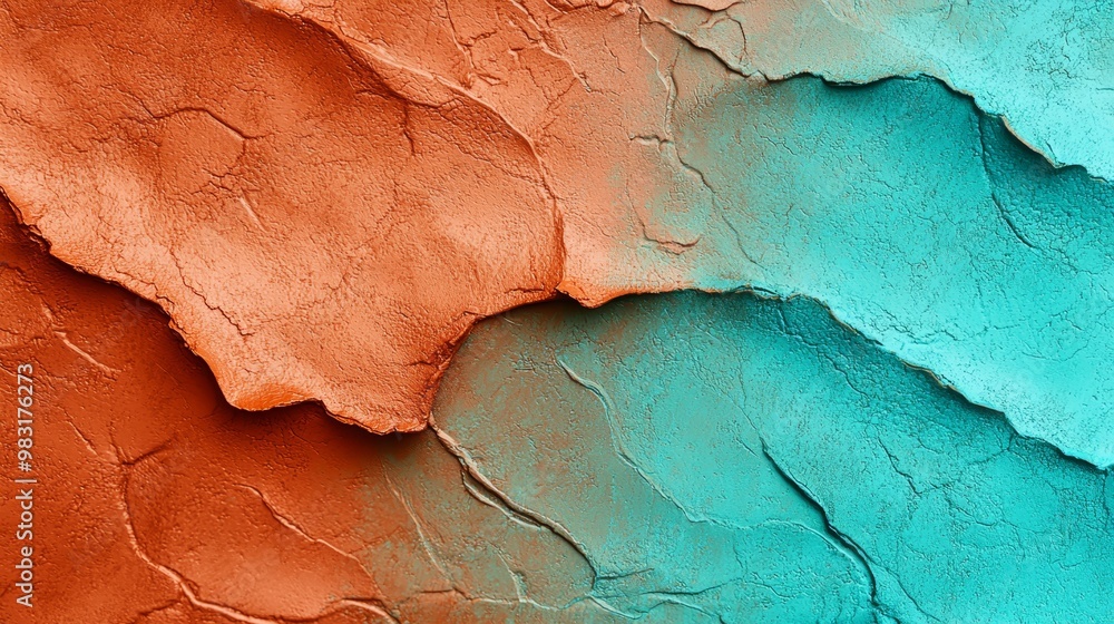 Naklejka premium A tight shot of an orange-teal wall with chipped paint at its top and bottom