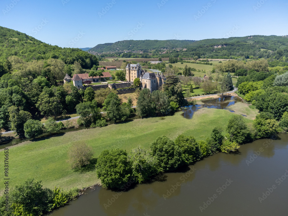 Aerial view on Dordogne river near Beynac-et-Cazenac village located in Dordogne department in southwestern France Aerial view on Dordogne river near Beynac-et-Cazenac village located in Dordogne department in southwestern France
