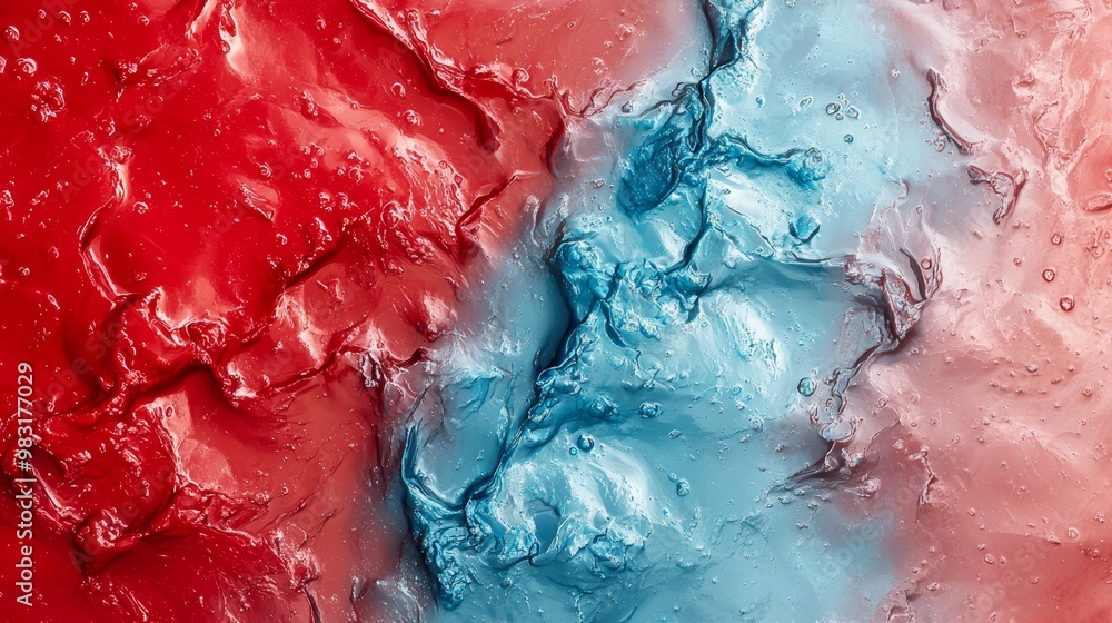 Fototapeta premium A tight shot of a red and blue layered backdrop, adorned with water drops at its base