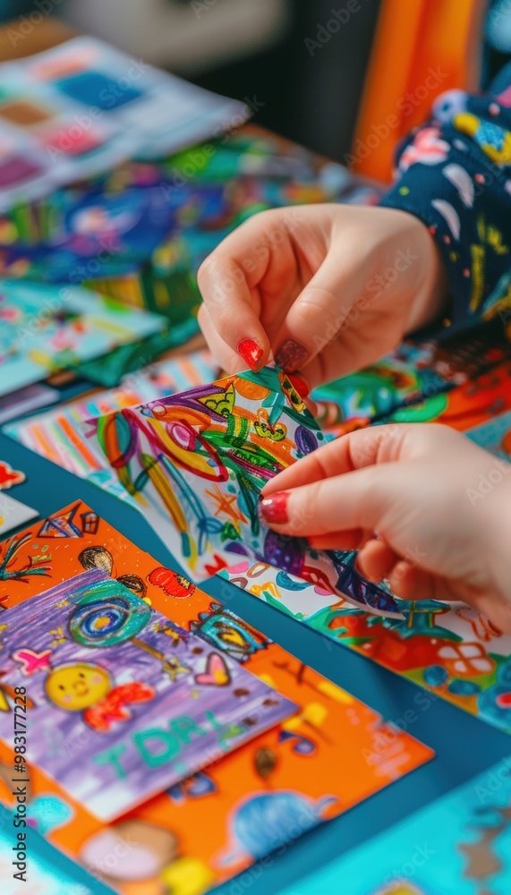 Fototapeta premium Child Creating Colorful Drawings and Cards at a Craft Table for World Teachers Day Celebration